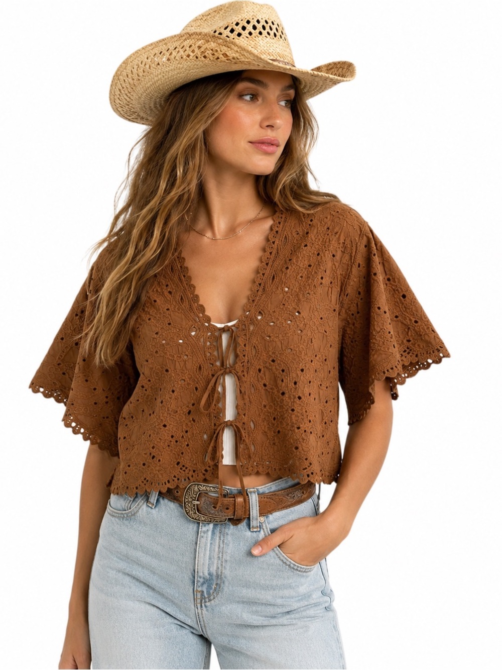 DEMOCRACY Eyelet Tie Front Boho Top 100% Cotton XS Brown Embroidered Cottagecore